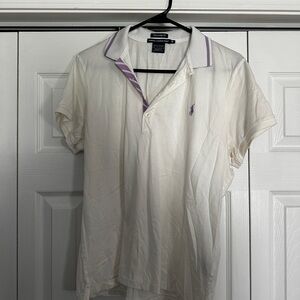 Women’s White Polo Shirt with Purple Accents